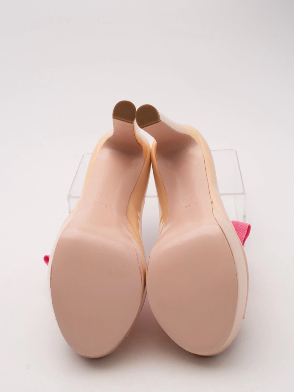RED Valentino Nude Patent Peep-Toe Platform Pumps with Pink Bow Trim - Picture 4 of 9